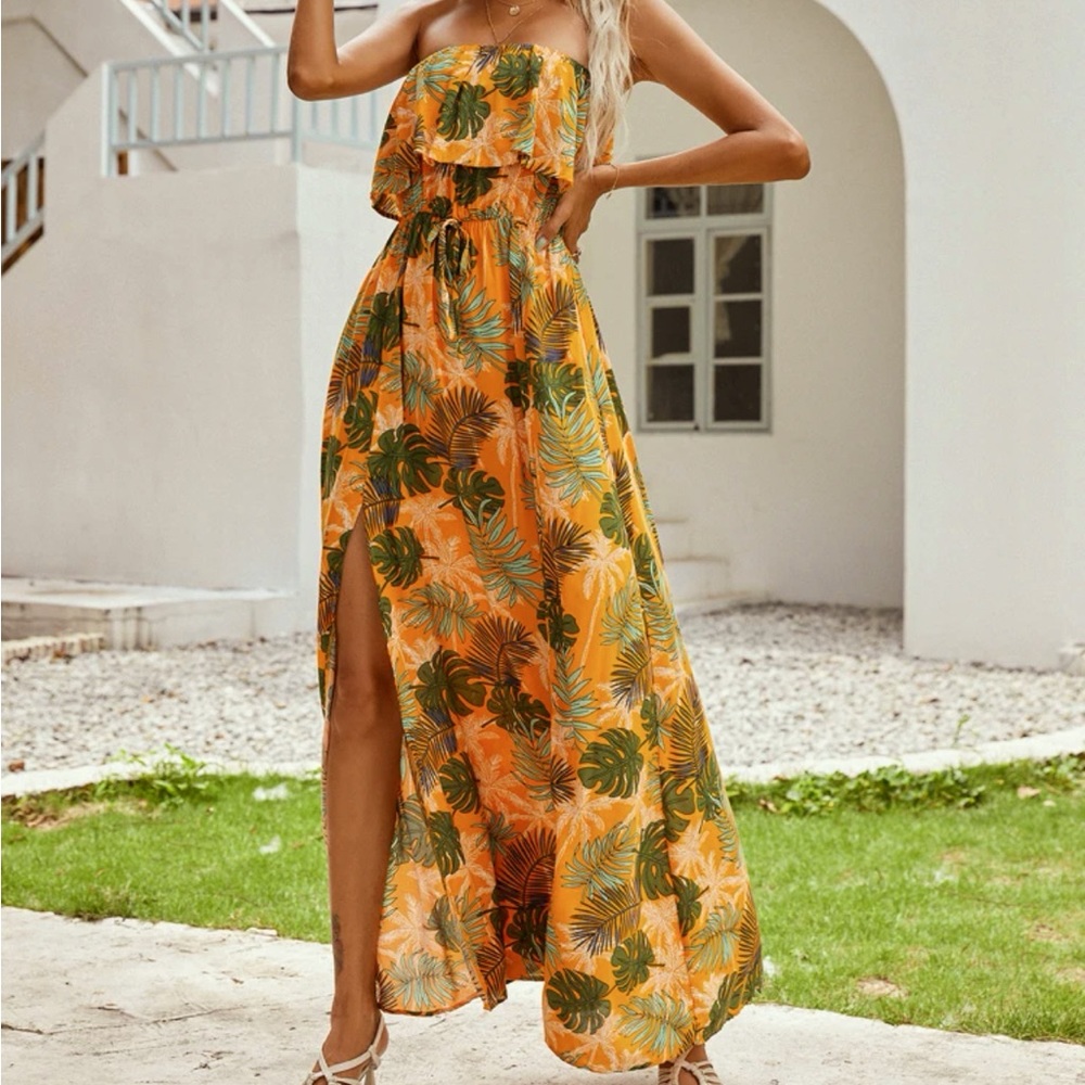 Ruffle Trim Split Thigh Tropical Dress ✨ cyber Monday sales✨